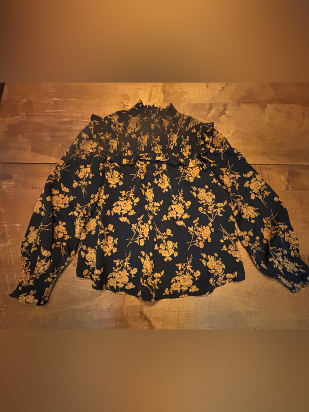 THML Black Floral Ruffled Neck Blouse with Mustard Flowers